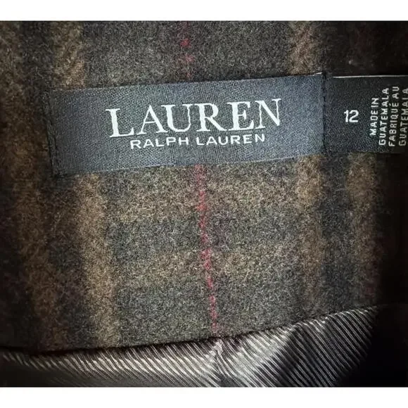 New Lauren Ralph Lauren Longline Plaid Wool Blend Reefer Coat Brown Plaid Sz 12 - Picture 8 of 11